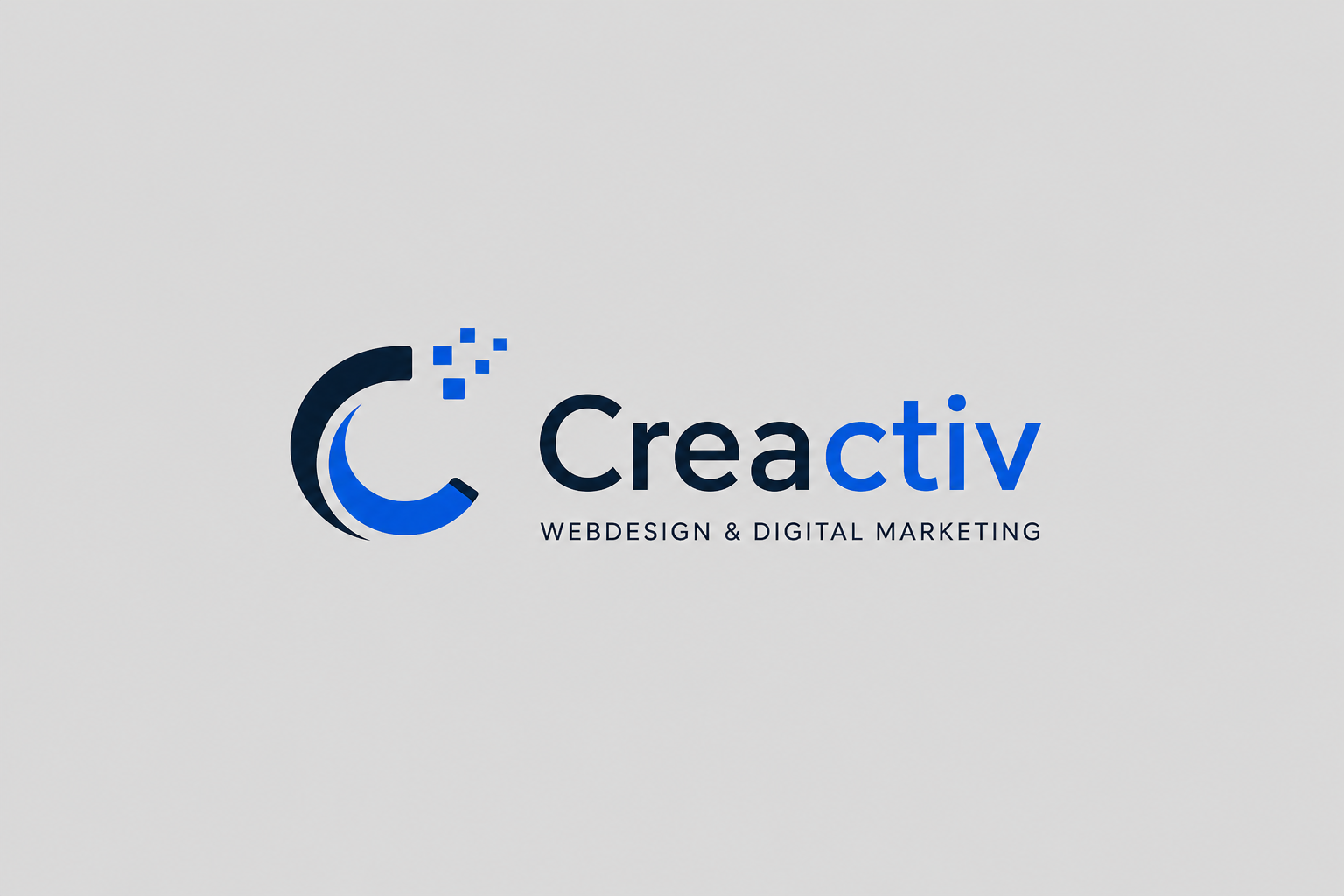 Logo van Creactiv, een webdesign- en digital marketingbedrijf. Het logo bestaat uit een gestileerde blauwe letter C met digitale pixels en de tekst “Creactiv” in donkerblauw en helderblauw op een lichtgrijze achtergrond. Onderaan staat de slogan “Webdesign & Digital Marketing”.
